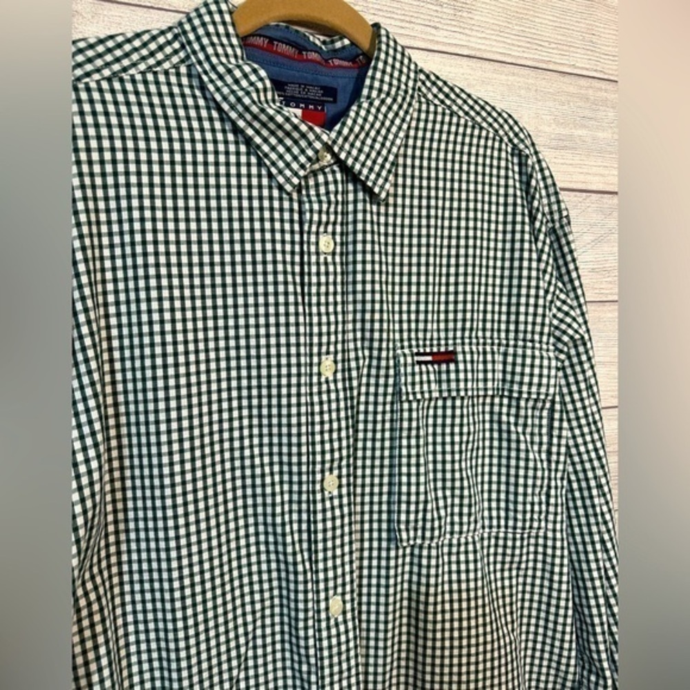 Tommy Hilfiger Mens Casual Button Down Green White Gingham Check Size XL